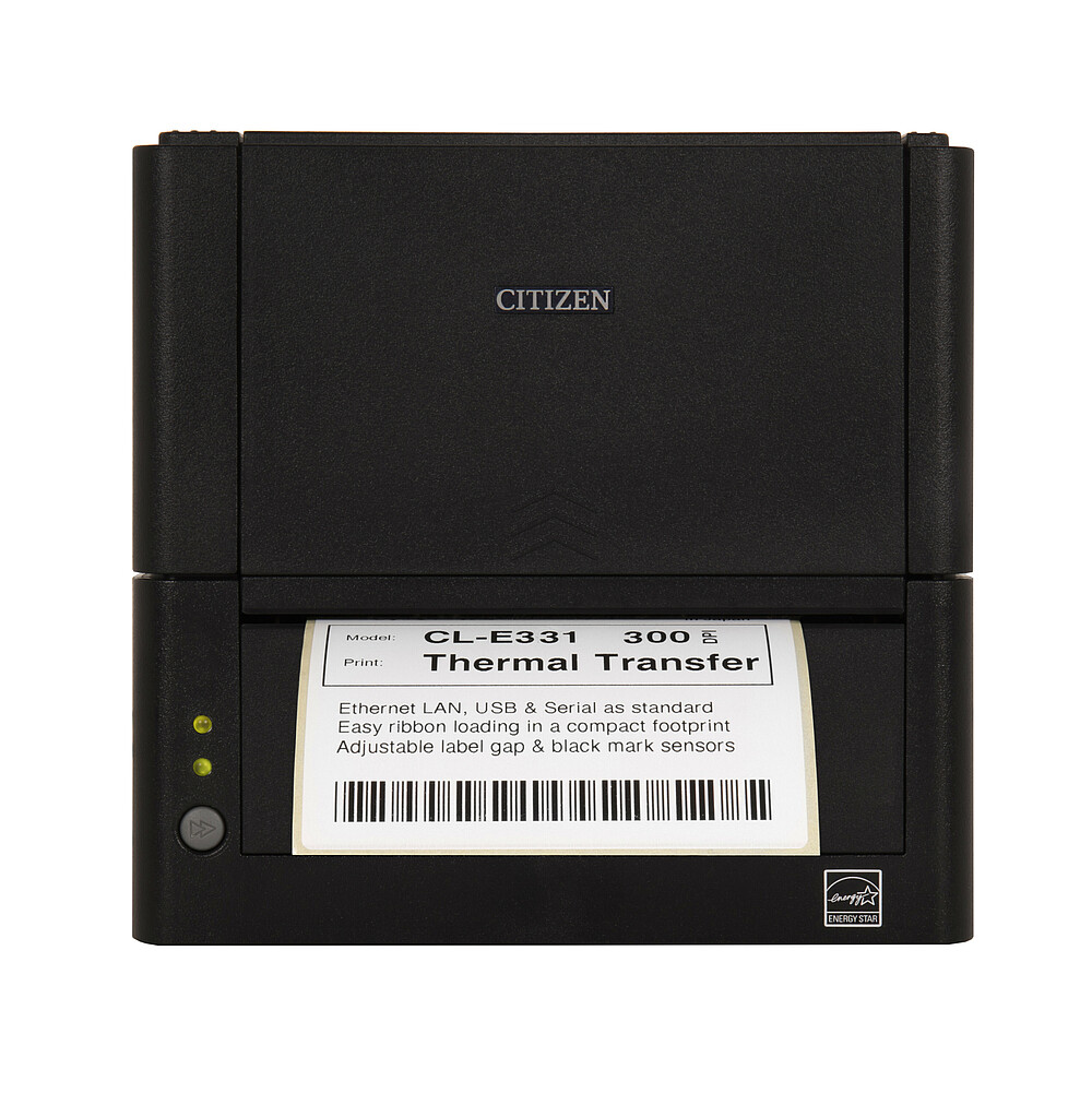 Citizen Принтер для печати этикеток CL-E331 черный вид спереди печать